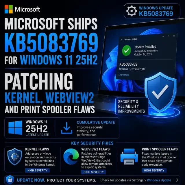 Microsoft update KB5083769 for Windows 11 25H2, addressing kernel, WebView2, and Print Spooler vulnerabilities.