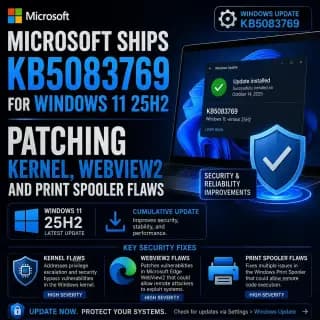 Microsoft update KB5083769 for Windows 11 25H2, addressing kernel, WebView2, and Print Spooler vulnerabilities.