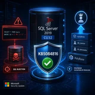 Microsoft security update KB5084816 protecting SQL Server 2019 CU32 from SQL injection and PolyBase elevation-of-privilege.