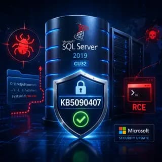 Microsoft security update KB5090407 protecting SQL Server 2019 CU32 from a CVSS 8.8 path manipulation remote code execution.