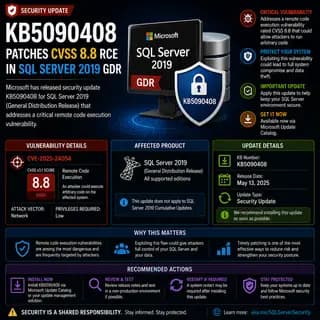 Microsoft update KB5090408, which patches a CVSS 8.8 remote code execution vulnerability in SQL Server 2019 GDR.