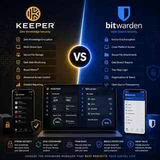 Keeper and Bitwarden, with password vaults, mobile apps, encryption, breach monitoring, cross-platform access.