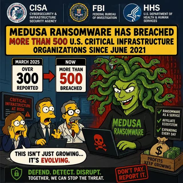 Square meme-style cybersecurity cover showing CISA, FBI and HHS warning that Medusa ransomware has breached more than 500 U.S. critical infrastructure organizations since June 2021, up from over 300 reported in March 2025, as its ransomware-as-a-service operation expands.