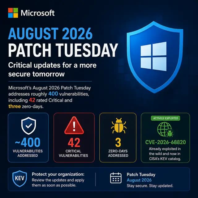 Square Microsoft August 2026 Patch Tuesday cover highlighting roughly 400 vulnerabilities, including 42 Critical flaws and three zero-days, with CVE-2026-68820 actively exploited and added to CISA’s KEV catalog.  Filename: microsoft