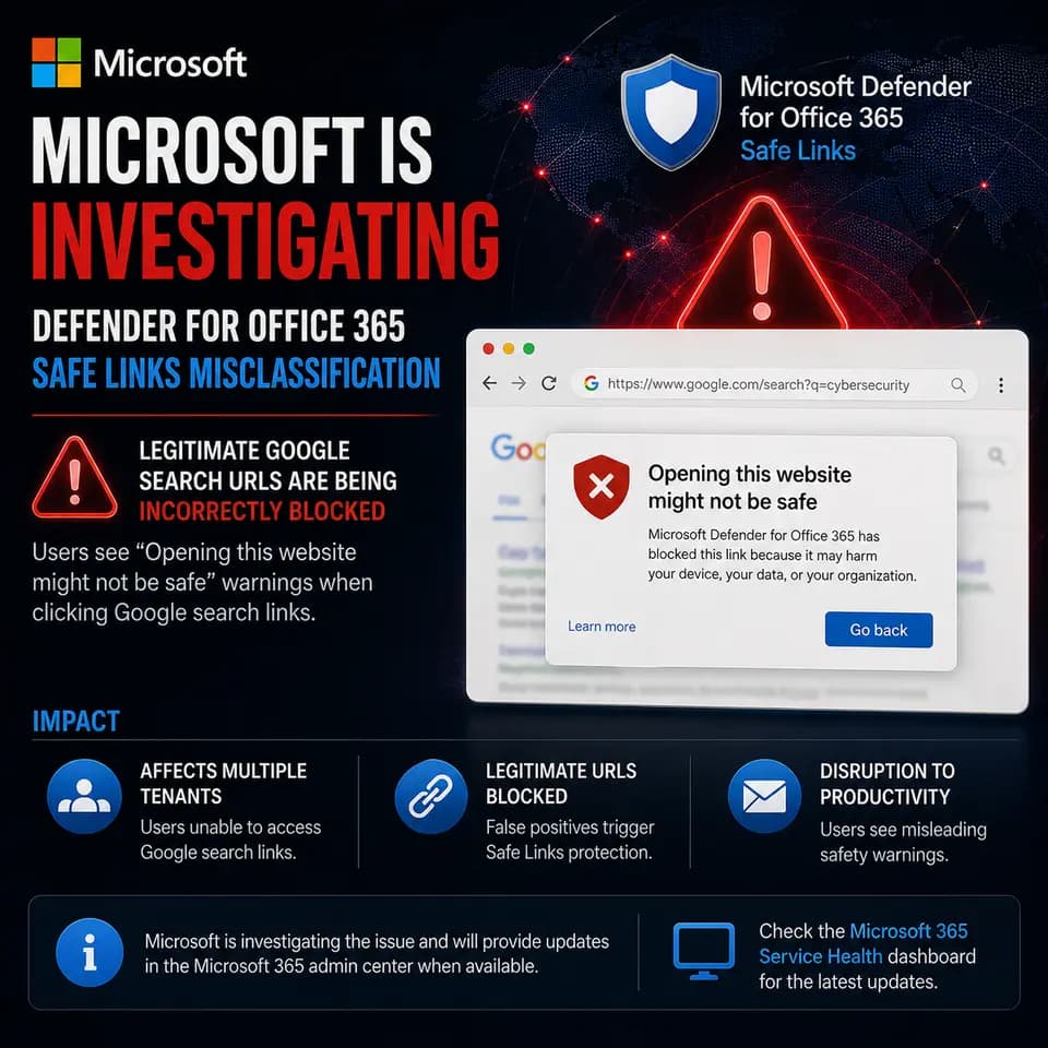 Dark Microsoft news cover showing Defender for Office 365 Safe Links incorrectly blocking legitimate Google search URLs and displaying “Opening this website might not be safe” warnings across affected tenants.