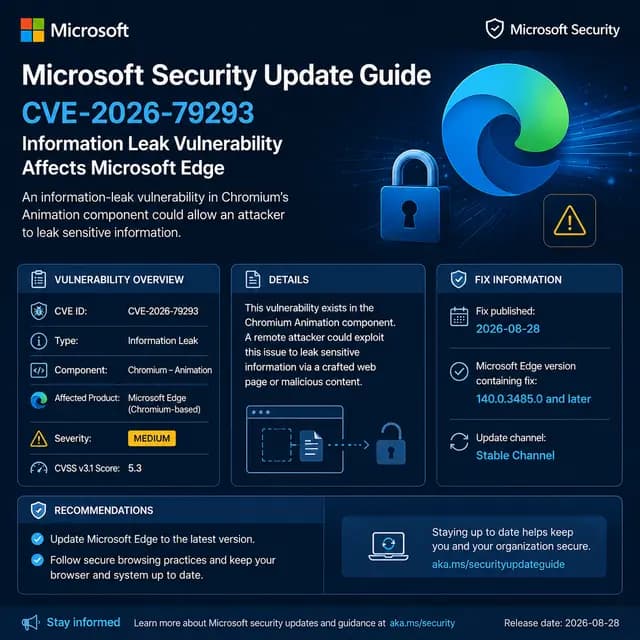 Square Microsoft Security Update Guide cover highlighting CVE-2026-79293, an information disclosure vulnerability in Chromium’s Animation component affecting Microsoft Edge, with a security fix published on August 28, 2026.