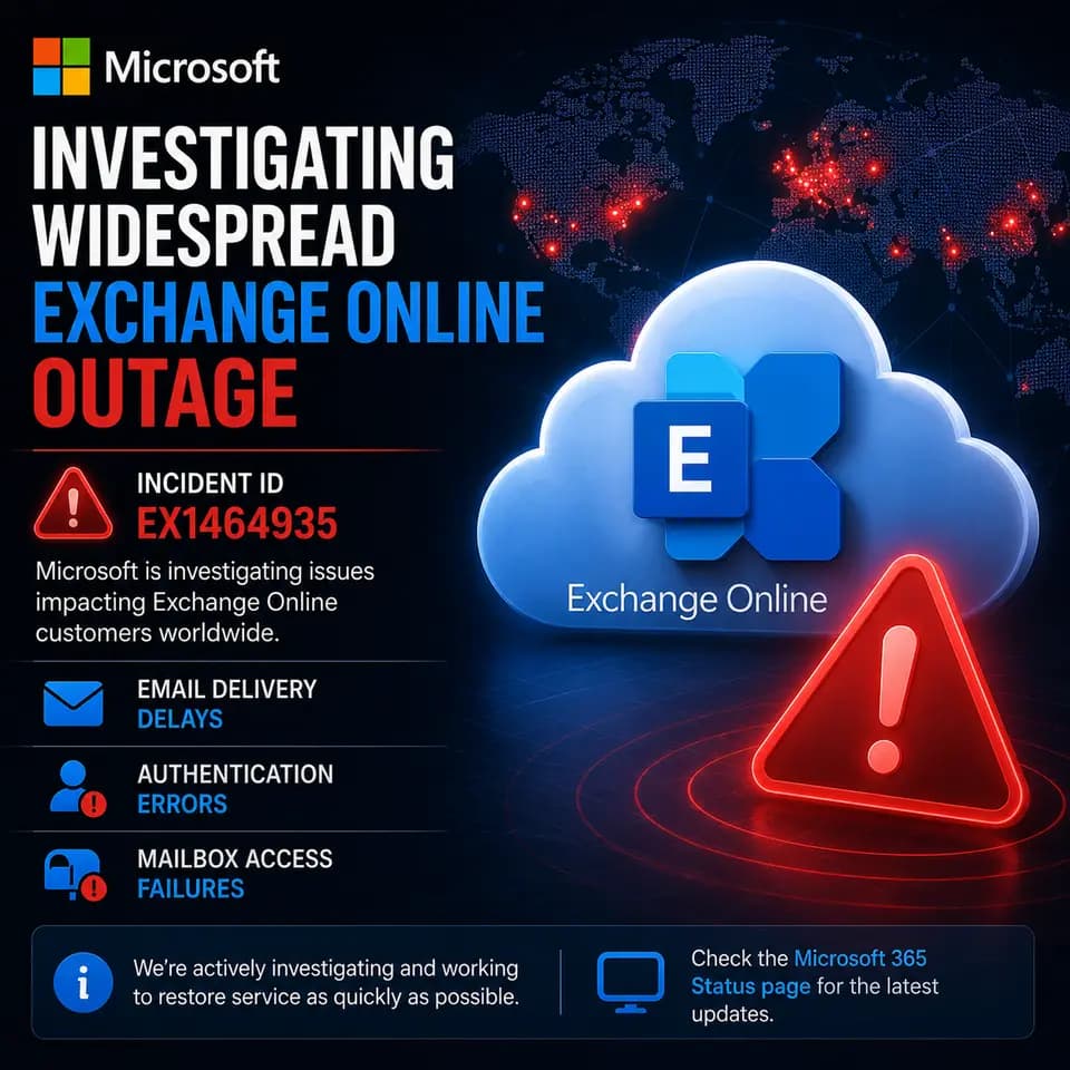 Square Microsoft outage cover showing Exchange Online incident EX1464935, with worldwide email delivery delays, authentication errors, and mailbox access failures while Microsoft investigates.