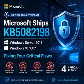 Windows Update history showing KB5082198 installed and OS build 14393.9060