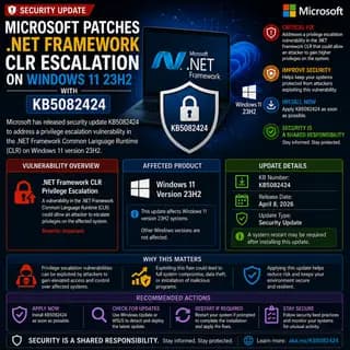 Microsoft update KB5082424, which patches a .NET Framework CLR privilege escalation vulnerability affecting Windows 11.