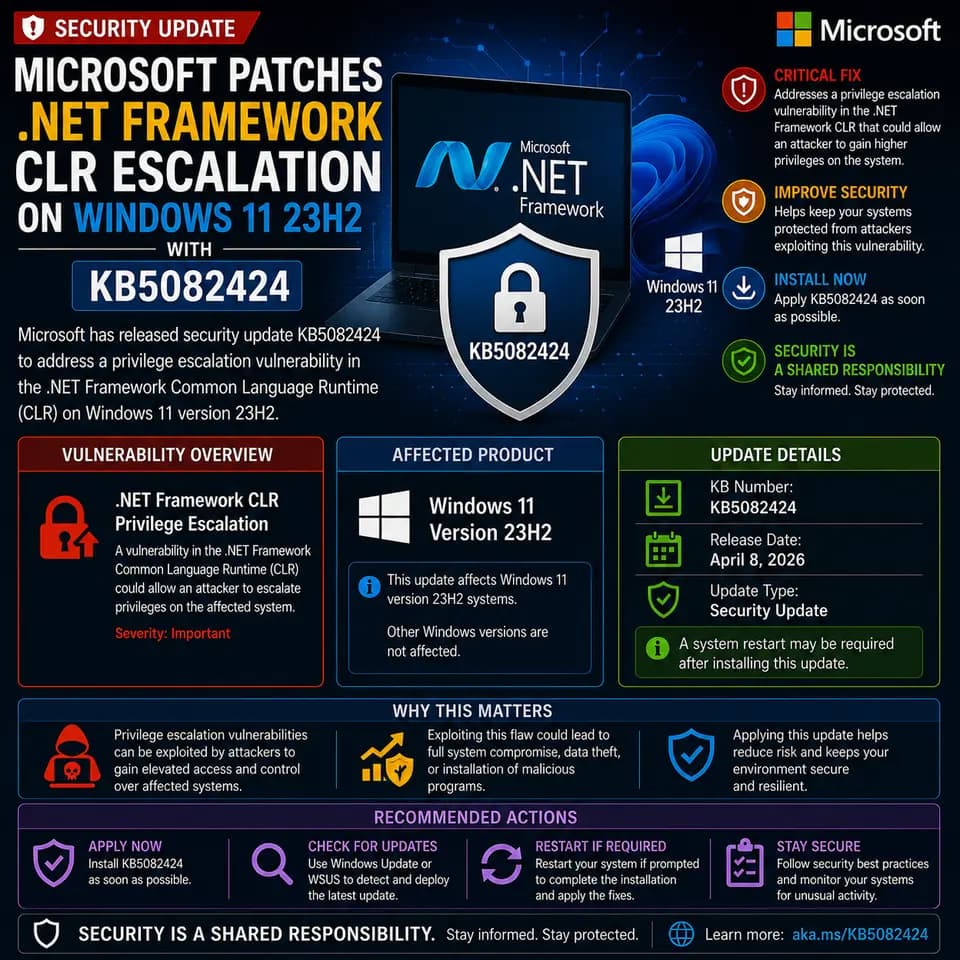 Microsoft update KB5082424, which patches a .NET Framework CLR privilege escalation vulnerability affecting Windows 11.