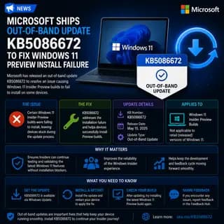 Microsoft out-of-band update KB5086672, which fixes an Insider Preview installation failure.