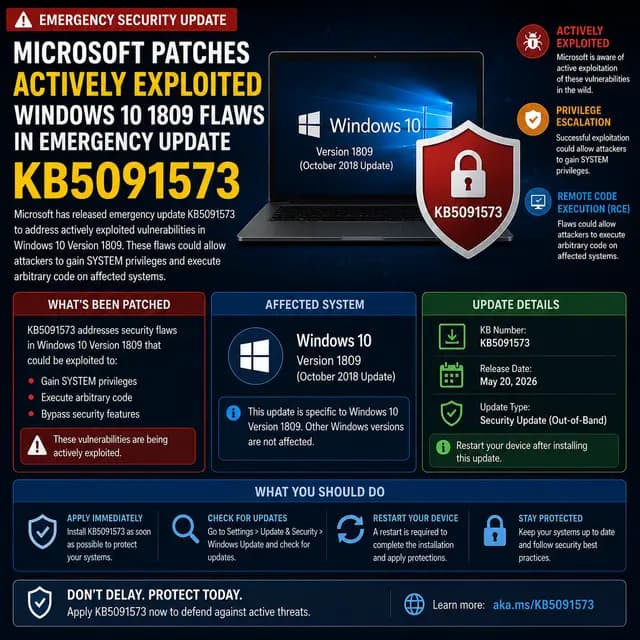 Microsoft emergency update KB5091573, which patches actively exploited Windows 10 version 1809 vulnerabilities involving.