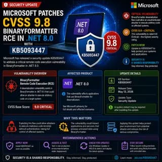 Microsoft update KB5093447, which patches a critical CVSS 9.8 BinaryFormatter remote code execution vulnerability in .NET 8.0.