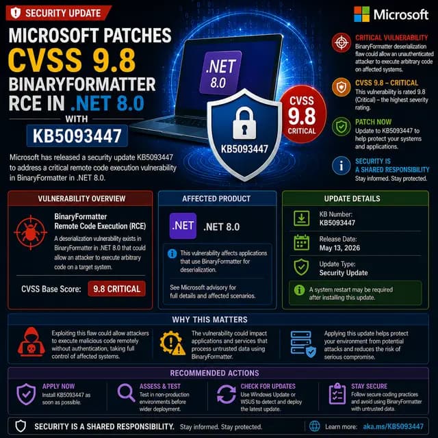 Microsoft update KB5093447, which patches a critical CVSS 9.8 BinaryFormatter remote code execution vulnerability in .NET 8.0.