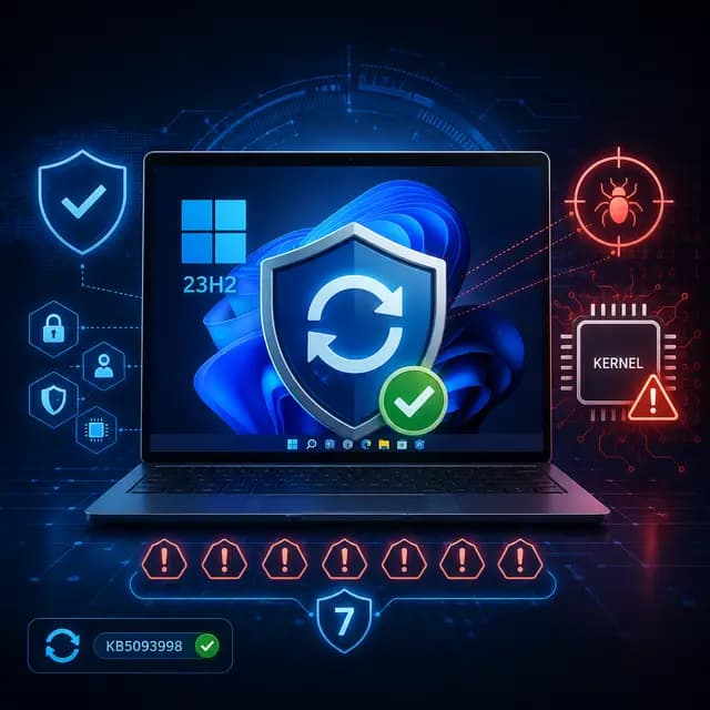 Microsoft update KB5093998 patching seven Windows 11 23H2 vulnerabilities, including an actively exploited kernel flaw.