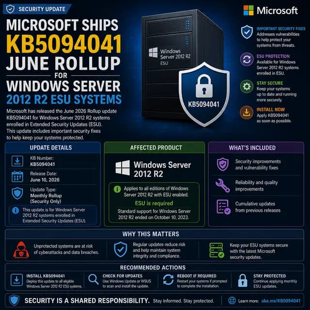 Microsoft update KB5094041, the June 2026 security rollup for Windows Server 2012 R2 systems enrolled in Extended Security.