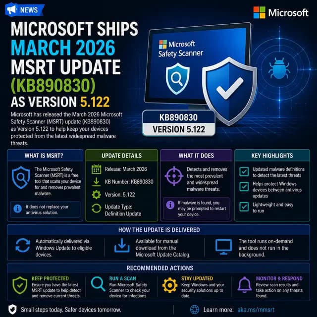 The March 2026 Malicious Software Removal Tool update KB890830, released as version 5.122.