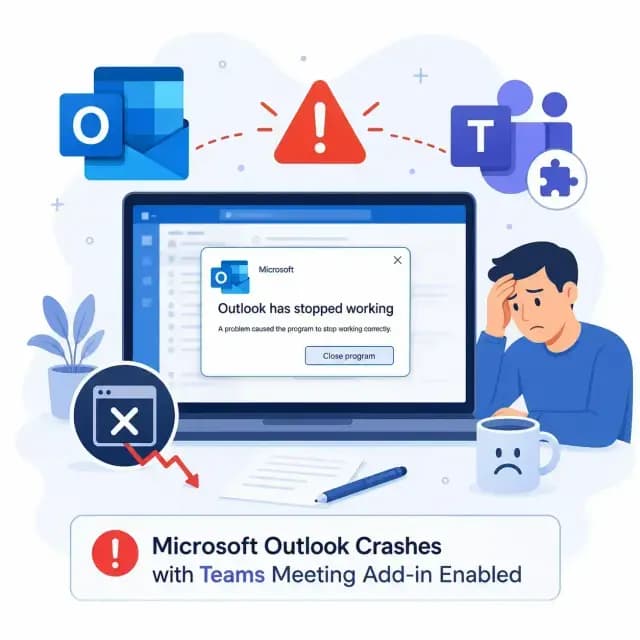 Microsoft Outlook crashing when the Teams Meeting add-in is enabled, with Outlook and Teams icons, an error message.