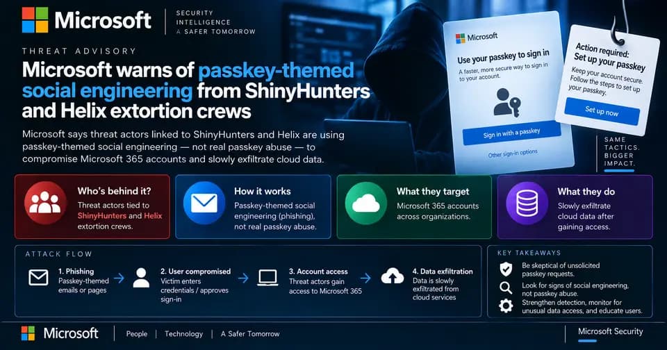 Passkey-themed phishing targeting Microsoft 365 accounts through social engineering.