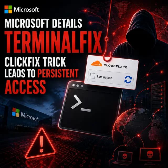 Dark cybersecurity news cover showing Microsoft’s TerminalFix threat, where fake Cloudflare CAPTCHA prompts trick users into running malicious Windows Terminal commands that lead to persistent attacker access.