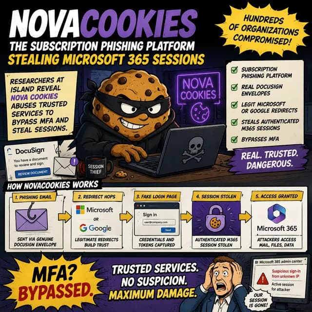Square meme-style cybersecurity cover showing NovaCookies abusing genuine Docusign envelopes and Microsoft or Google redirects to bypass MFA and steal authenticated Microsoft 365 sessions, impacting hundreds of organizations.
