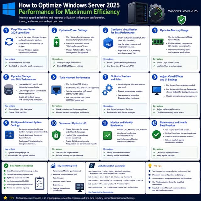 Windows Server 2025 performance optimization across updates, power settings, virtualization, memory, storage, networking.