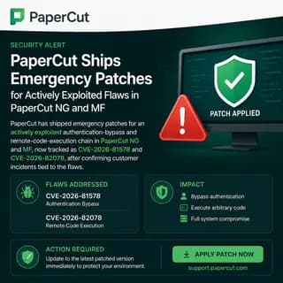 PaperCut print management server login screen with a security warning overlay
