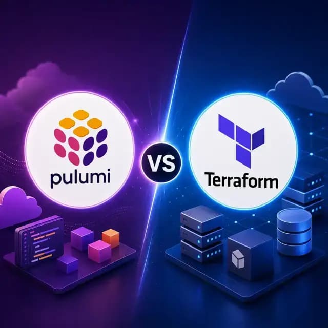 The official Pulumi and Terraform logos, with contrasting cloud infrastructure and infrastructure-as-code visuals.