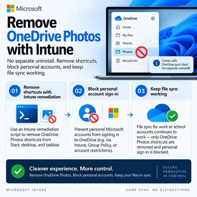 Square Microsoft Intune tutorial cover showing how to remove OneDrive Photos shortcuts, block personal Microsoft account sign-in, and keep OneDrive work or school file synchronization working normally.