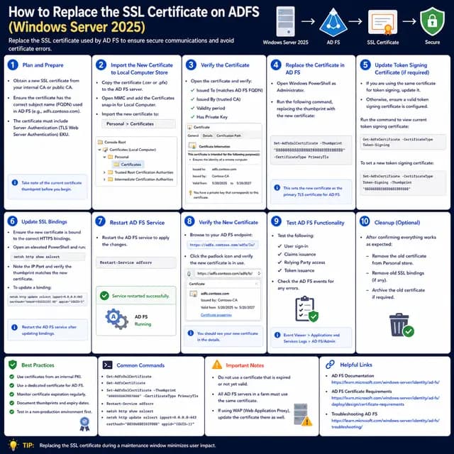 How to replace the SSL certificate on AD FS in Windows Server 2025, including certificate import, thumbprint update.