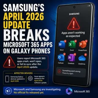 Samsung Galaxy phone showing a Microsoft app failing to load after the April 2026 security update
