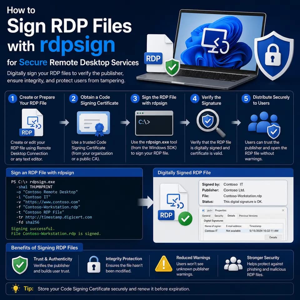 How to digitally sign RDP files with rdpsign, using a code-signing certificate, certificate thumbprint.
