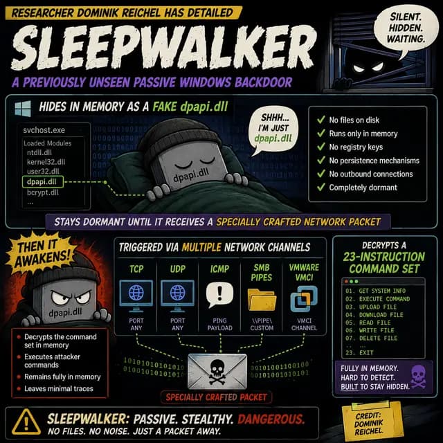 Square meme-style cybersecurity cover showing Sleepwalker, a stealthy Windows backdoor that hides in memory as a fake dpapi.dll, remains dormant until triggered by a crafted network packet, and supports commands over TCP, UDP, ICMP, SMB pipes and VMware VMCI.