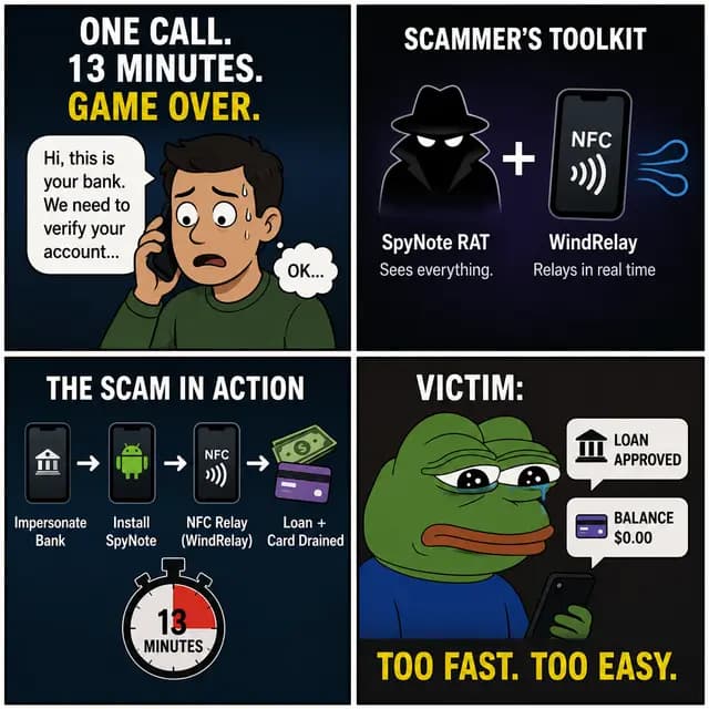 Square four-panel cybersecurity meme showing a 13-minute Android banking scam in which attackers impersonate a bank employee, deploy SpyNote RAT and use the WindRelay NFC relay tool to obtain a loan and drain the victim’s payment card.