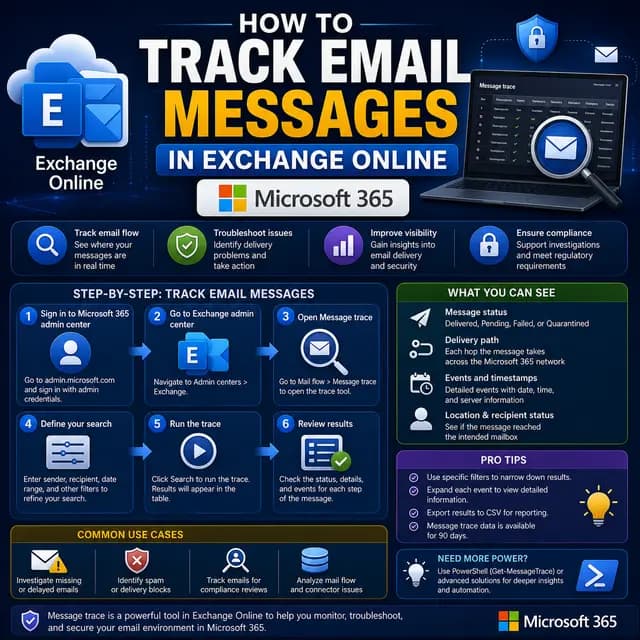 Email message tracking in Exchange Online and Microsoft 365, with message trace, delivery status, search, troubleshooting.