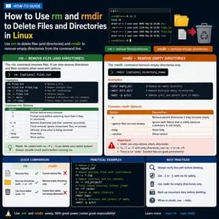 How to use rm and rmdir to delete files, directories, and empty folders from the command line.
