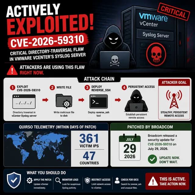 Cybersecurity alert infographic warning that attackers are actively exploiting VMware vCenter Syslog Server vulnerability CVE-2026-59310 to deploy reverse_ssh for persistent remote access, with QUIRSO reporting 361 victim IPs across 47 countries shortly after Broadcom’s July 29, 2026 patch.