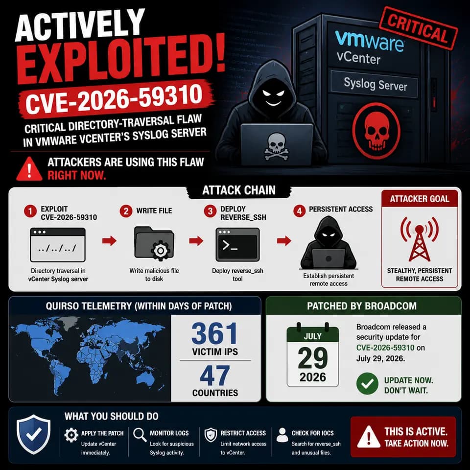 VMware vCenter server dashboard with a warning overlay indicating active exploitation