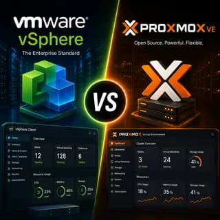 VMware vSphere and Proxmox VE, with virtualization platforms, server infrastructure, management dashboards.