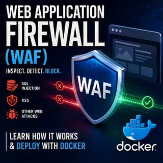 Square tutorial infographic explaining how a Web Application Firewall inspects HTTP/HTTPS traffic to block attacks such as SQL injection and XSS, with steps for deploying a WAF using Docker, ModSecurity, and OWASP CRS.