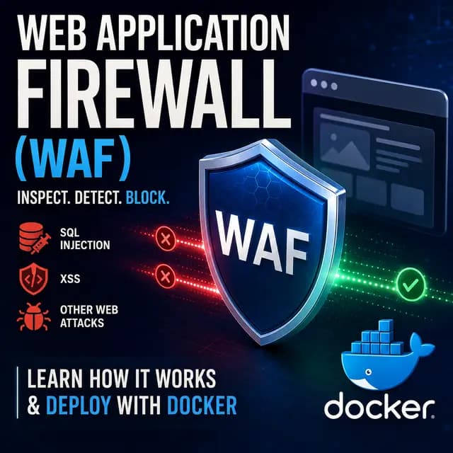 Square tutorial infographic explaining how a Web Application Firewall inspects HTTP/HTTPS traffic to block attacks such as SQL injection and XSS, with steps for deploying a WAF using Docker, ModSecurity, and OWASP CRS.