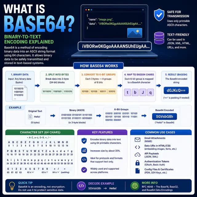 Base64 encoding, with binary data converted into printable text for use in web, email, APIs, and configuration files.