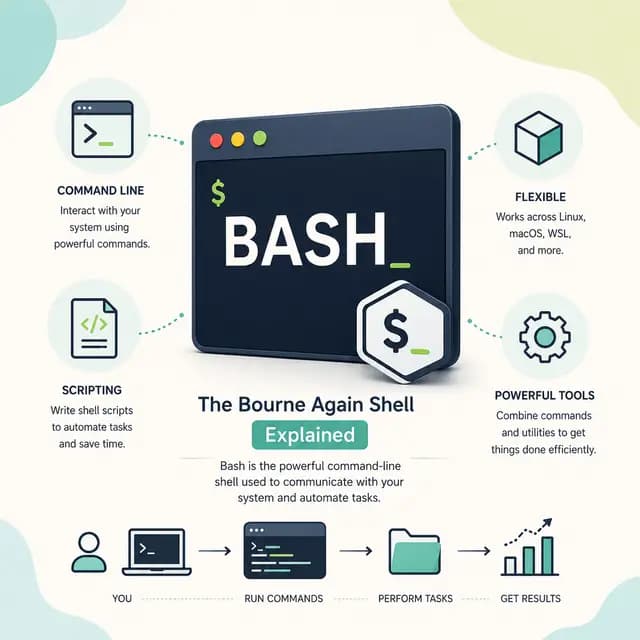Bash as a command-line shell for running commands, writing scripts, automating tasks, and managing files across Linux, macOS.
