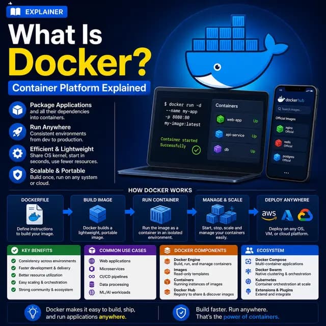 Docker containerizing applications, building images, running and scaling containers.