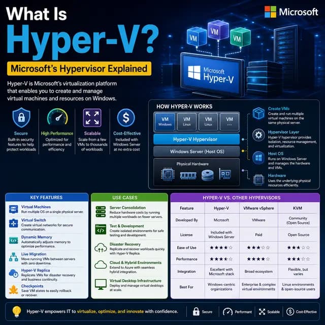 Conceptual diagram of multiple virtual machines running on a single physical server via Microsoft Hyper-V