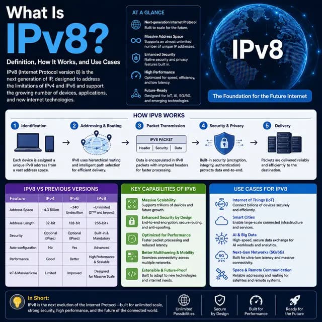 IPv8 as a future internet protocol concept, with global connectivity, large-scale addressing, secure routing.
