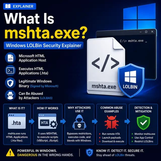 Square explainer cover showing mshta.exe as a legitimate Windows LOLBin that runs HTA files but can be abused by attackers, with detection and mitigation visuals.