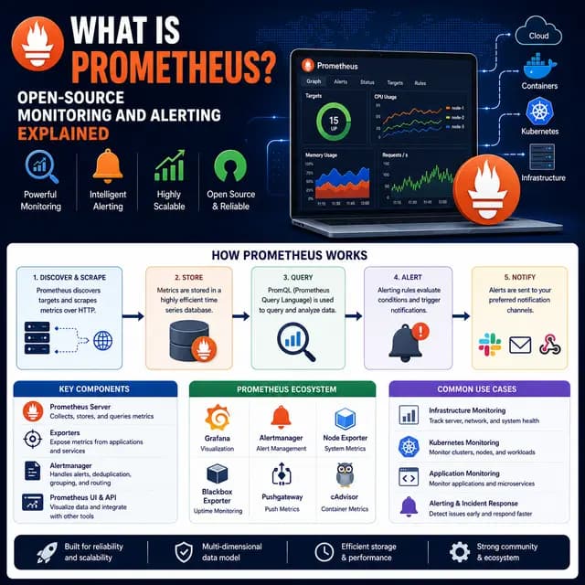 Prometheus collecting metrics from cloud infrastructure, containers, Kubernetes, and servers, then storing, querying.