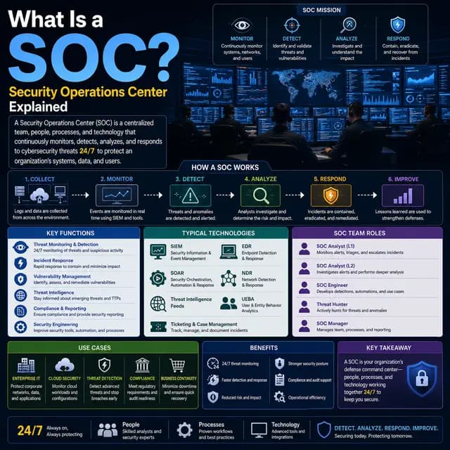 Security operations center with analysts monitoring threat dashboards and network telemetry on multiple screens