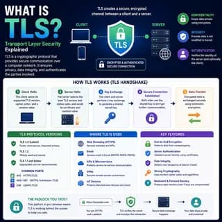 TLS securing communication between a client and server through encryption, authentication, certificate exchange.